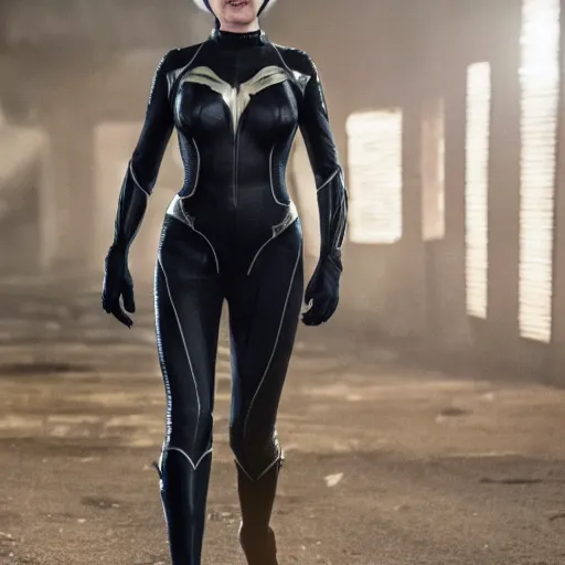 Prompt: a older anya taylor - joy as cat woman unzipping her jumpsuit, 8 k resolution hyperdetailed photo realistic, extremely high quality and life like