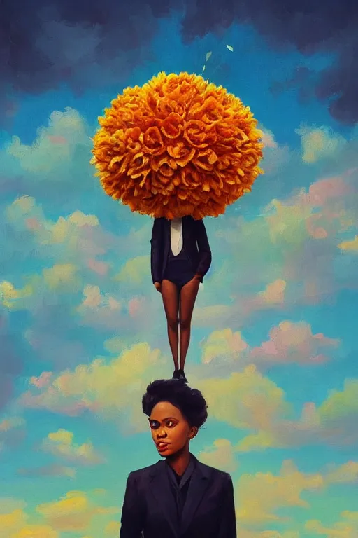 Image similar to portrait, giant flower as head, black woman in suit, surreal photography, golden hour, colorful clouds, impressionist painting, digital painting, artstation, simon stalenhag