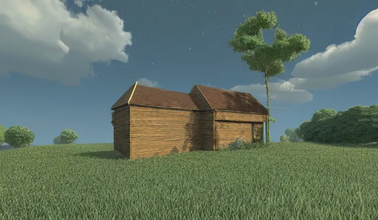 Prompt: A serene landscape with a singular building in the style of raytracing