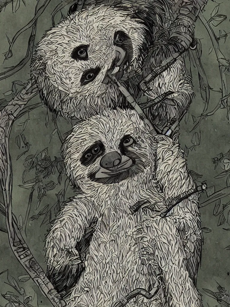 Prompt: graphic novel styled illustration of a sloth, in traditional samurai armor