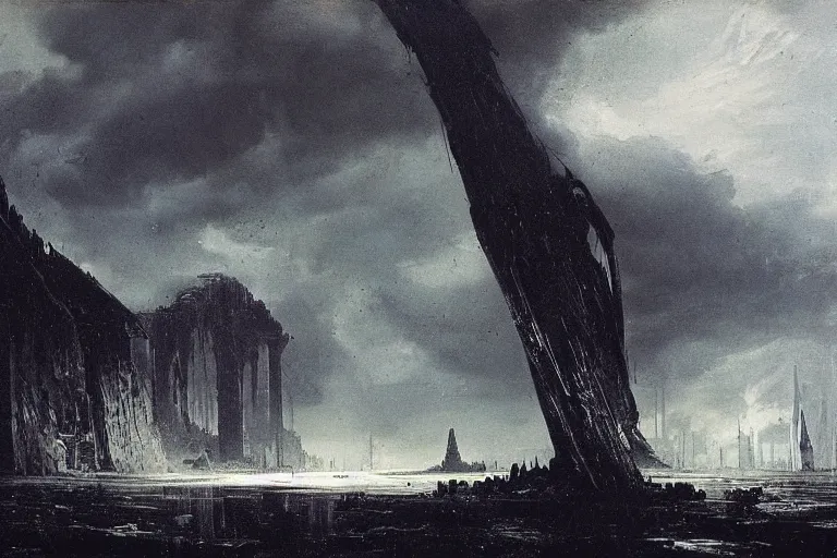 Image similar to awesome landscape rain by peder balke with an alien structure by hrgiger