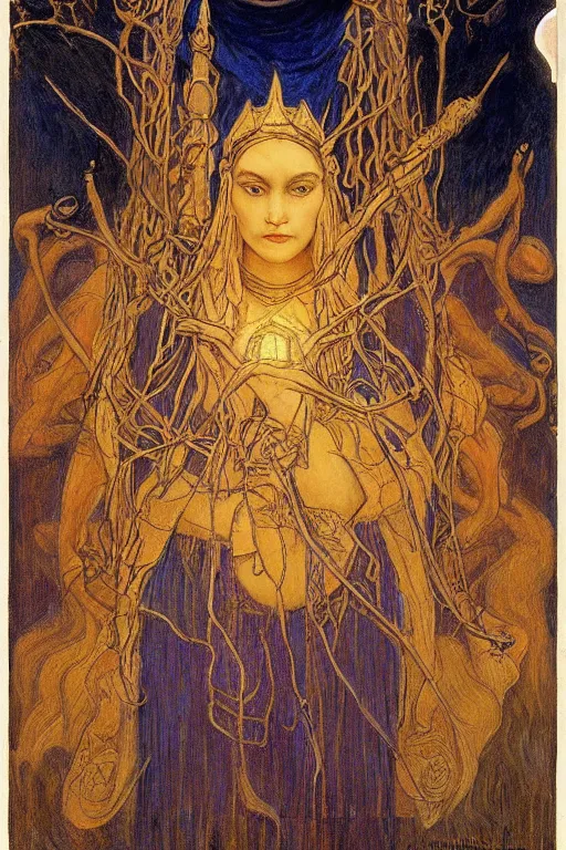 Prompt: queen of the swamp with her lantern by Annie Swynnerton and Nicholas Roerich and jean delville, strong dramatic cinematic lighting , ornate headdress , flowing robes, lost civilizations, smooth, sharp focus, extremely detailed