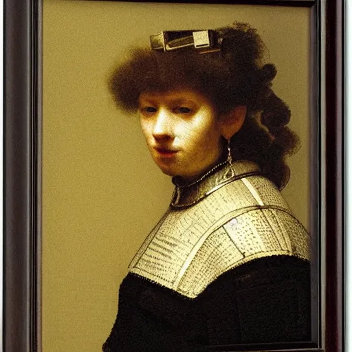 Prompt: a portrait of a female cyborg by Rembrandt