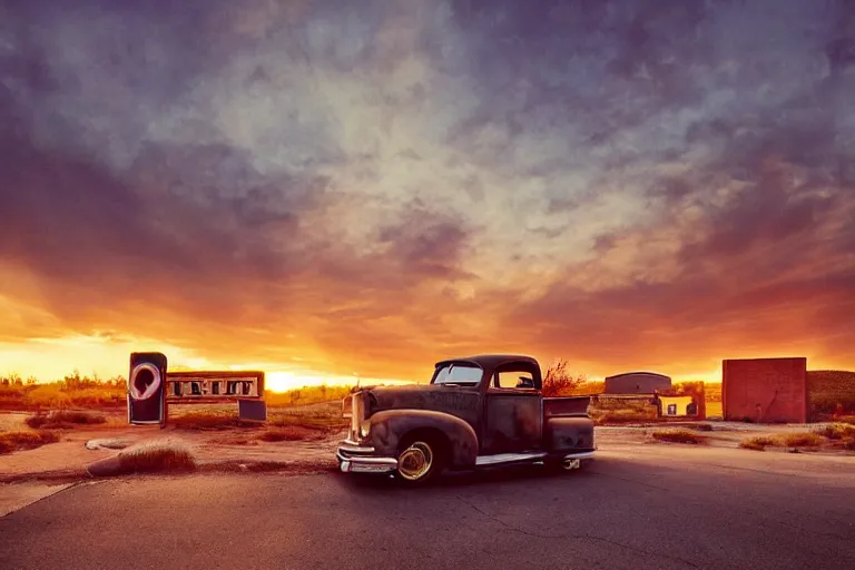 Image similar to a sunset light landscape with historical route 6 6, lots of sparkling details and sun ray ’ s, blinding backlight, smoke, volumetric lighting, colorful, octane, 3 5 mm, abandoned gas station, old rusty pickup - truck, beautiful epic colored reflections, very colorful heavenly, softlight