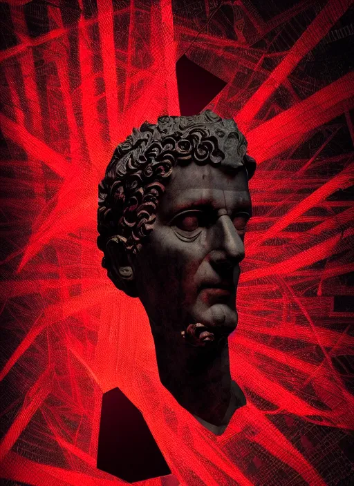 Image similar to black background with very subtle red and purple design elements, statue of julius caesar, nekro, graphic design, collage art, thin lines, dark, glitch art, neo vaporwave, gritty, layout frame, square, trending on artstation