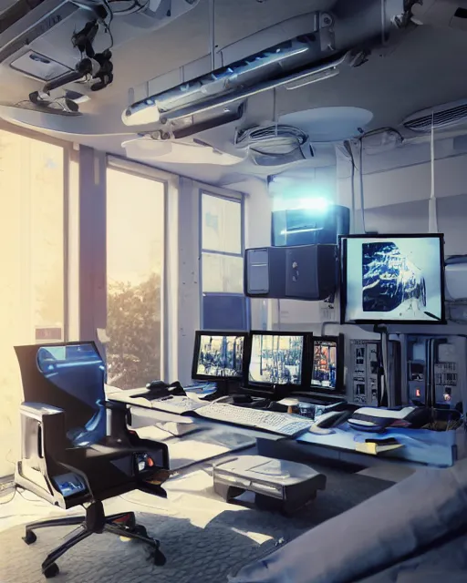 Image similar to artstation scifi scene of a complex computer workstation in a small studio apartment room, many monitors, many electronics, a window view, a tall floor plant, very detailed, maximalism, ambient occlusion, volumetric light, atmospheric haze, unreal engine, hyper realism, realistic shading, cinematic composition, realistic render, octane render, detailed textures, photorealistic, wide shot