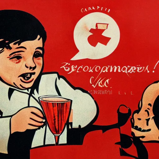 Image similar to communist man drinking champagne, hungry child next to him, soviet propaganda style