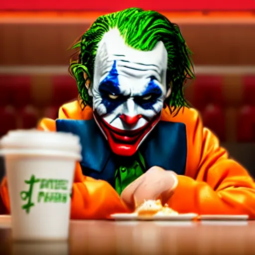 Prompt: cinematic shot of the joker sitting at a table in a popeyes restaurant and biting into a chicken tender, 8 k, very detailed, very intricate,