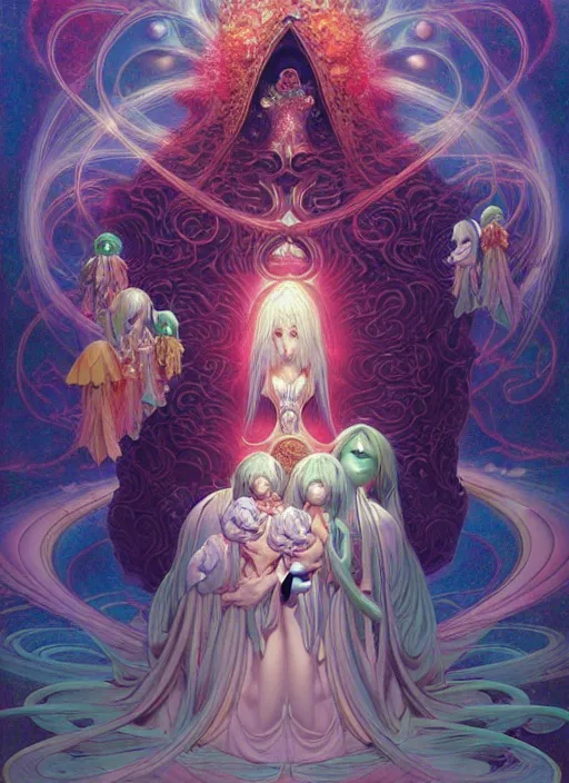 Prompt: fanciful surreal image of a divine family, anime key visual by Anna Dittman, Amano, Okata Kazuto, Greg Hildebrandt, and Mark Brooks, Neo-Gothic, rich deep colors. art by Hamada Yoshikazu . masterpiece. Beksinski painting.