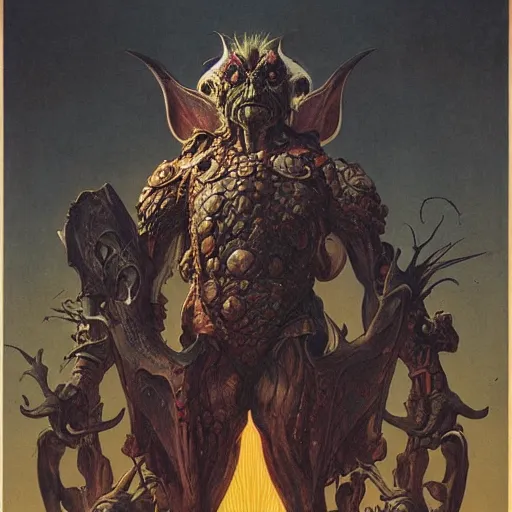 Prompt: portrait of immense, majestic, surreal, terrifying drak fantasy goblin standing triumphant over the city, perfectly clear face, by j. c. leyendecker, bosch, and beksinski