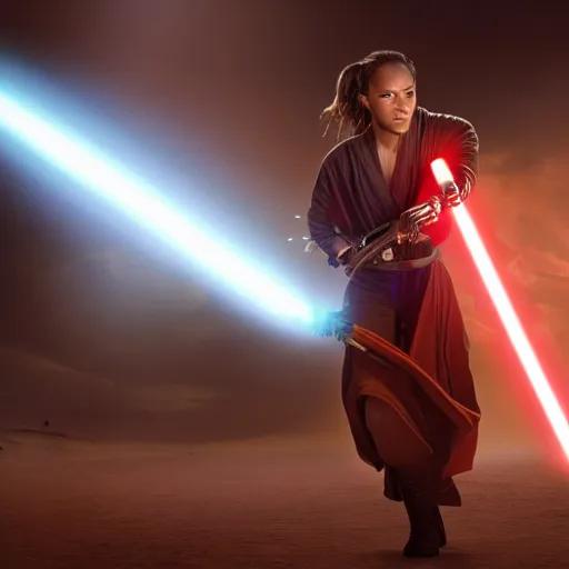 Image similar to Cheyenne the singer as a jedi in star wars, holding a lightsabre. splash art, cinematic lighting, dramatic, octane render, long lens, shallow depth of field, bokeh, anamorphic lens flare, 8k, hyper detailed, 35mm film grain