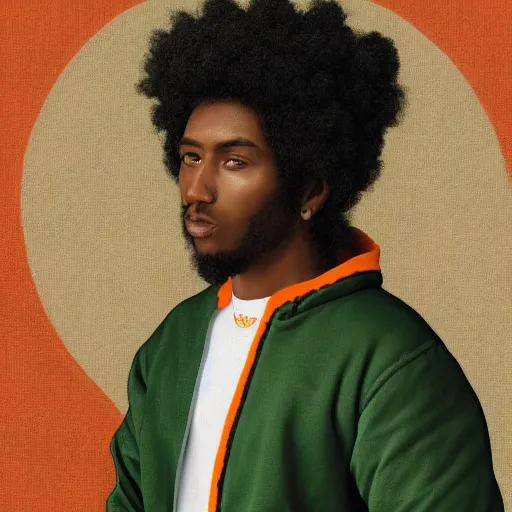 Image similar to photograph of a black man with afro hair wearing an army green adidas jacket and detailed face, riding an orange colored detailed anotamically correct bull!!, renaissance style painting