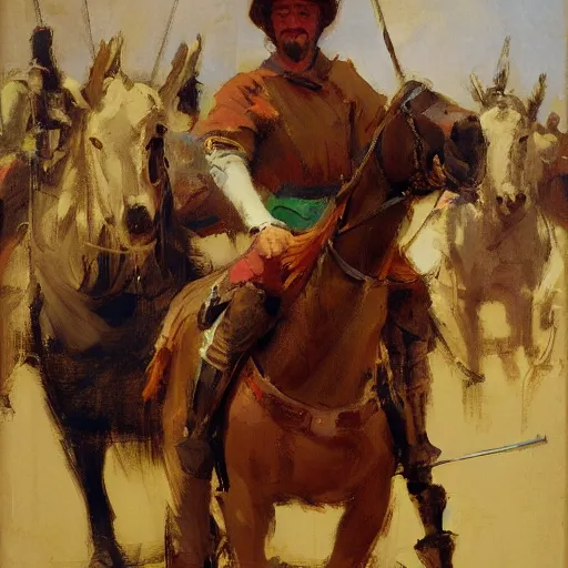 Image similar to portrait of man on horseback holding jousting lance, caparisons, by greg manchess, bernie fuchs, ruan jia, walter everett