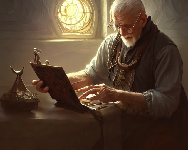 Image similar to photography of an old man trying to use an ipod, deep focus, d & d, fantasy, intricate, elegant, highly detailed, digital painting, artstation, concept art, matte, sharp focus, illustration, hearthstone, art by artgerm and greg rutkowski and alphonse mucha