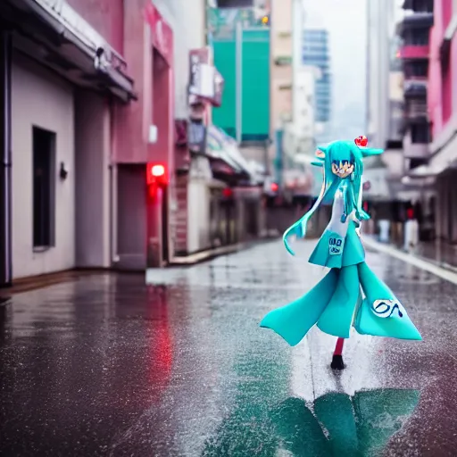 Image similar to hatsune miku walking down a rainy street, ef 8 5 mm f 1. usm