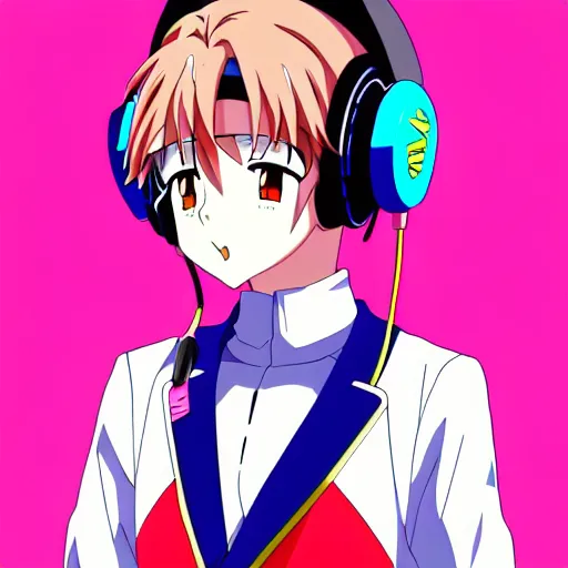 Image similar to An anime character's head wearing retro headphones. 90s anime, Sailor Moon, Neon Genesis, official art, flat cell shading, fantastic screenshot art, trending on artstation, muted nostalgic colors