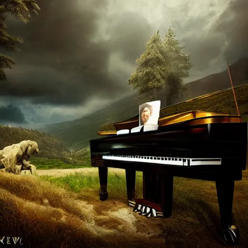 Image similar to beethoven playing piano, beautiful landscape, dramatic lighting, cinematic, establishing shot, extremly high detail, photorealistic, cinematic lighting, post processed, concept art, artstation, matte painting, style by greg rutkowsky