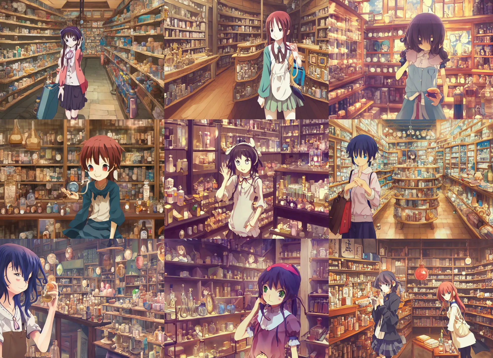 Prompt: anime frames, portrait of a young female traveler in a alchemist's potion shop interior shopping, cute face by yoh yoshinari, makoto shinkai, dynamic perspective pose, detailed, lomography, hdr, murata range