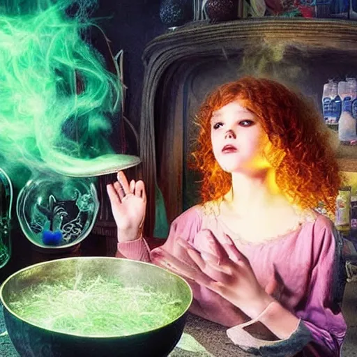 Prompt: teen witch mixing a spell in a cauldron, an owl is standing on the table, a cat is on the table, wispy smoke fills the air, a witch hat, cinematic, green glowing smoke is coming out of the cauldron, ingredients on the table, unorganized apothecary shelves in the background, kids halloween costume