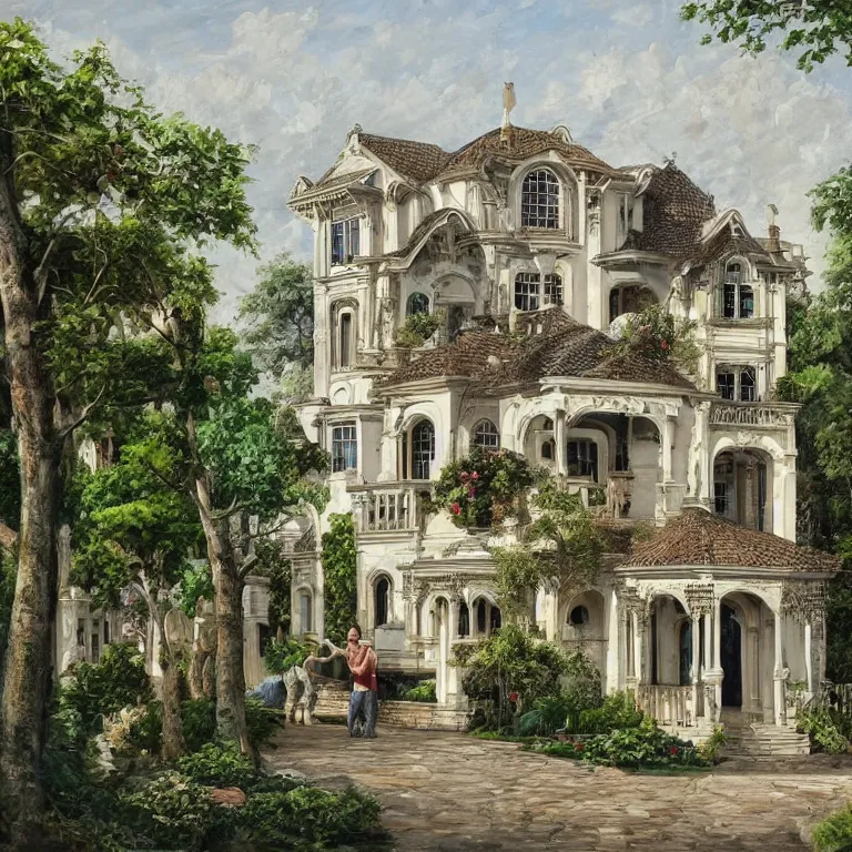 Prompt: a beautiful painting of a beautiful house with beautiful architecture and various architectural inserts architectural heritage with a beautiful delightful garden, highly detailed