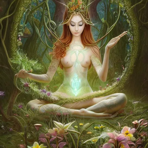 Image similar to elven princess meditating in forest, magical flowers, surrounded by fairies, beautiful face, wisps, surreal, surrealist art, digital art, trending on artstation, ultra detailed, intricate, sacred geometry, serene, beautiful, photo, realistic, perfect, smooth, moebius, by moebius, peter mohrbacher