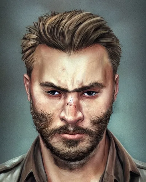 Prompt: 🥺😰 portrait of muscular, tired and alcoholic 3 0 - year - old handsome man with short darkblonde hair, serious sad look in his eyes, dirty beard, blue eyes, crying, wearing dirty soldier uniform, on the desert, hyper realistic face, beautiful eyes, character art, art by mark brooks, hyperdetailed, cryengine, trending on artstation, digital art