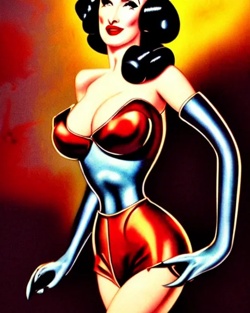 Image similar to closeup beautiful retro space dita von teese posing with a chrome robot in diesel punk city at night, pinup, windblown dark hair, seductive, hyper detailed, digital art, smooth, sharp focus, luis royo, gil elvgren, alberto vargas, 1 9 5 0, when mars attacks
