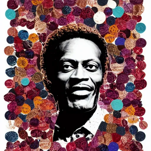 Image similar to a portrait of of chuck berry constructed from berries, collage, drop shadow, organic, layered composition, layers, texture, mcu, highly textured, layered, sculpted, dynamic,