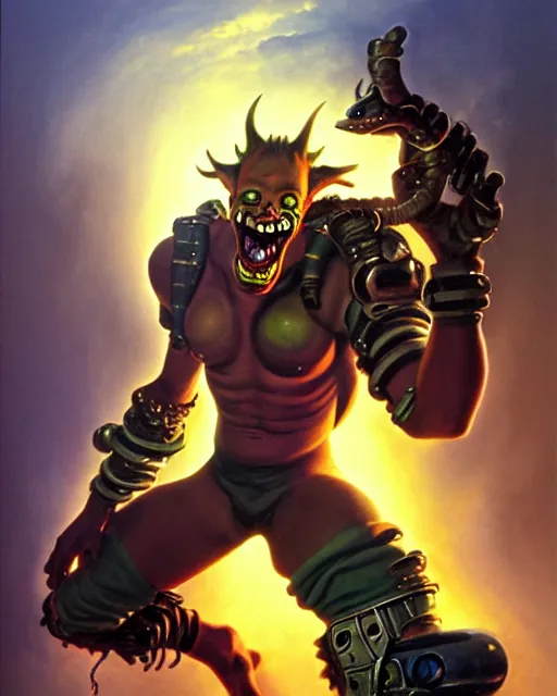 Image similar to junkrat from overwatch, fantasy art, sci - fi art, radiant light, caustics, by boris vallejo