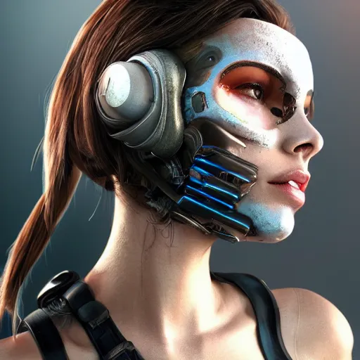 Prompt: sexy beautiful woman head made of mech mask rendered in unreal engine, cyberpunk, dark scifi, painted by mihai muscan