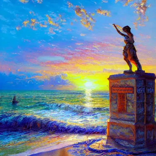 Image similar to acrylic painting, impressionism and expressionism, strong emotional impact, bold pastel colors, expressive brushstrokes. by peter mohrbach and mark keathley. fantasy illustration of the shore of the island of monuments and statues. spectacular sunset, stone monuments on the beach. beautiful and vivid trending on artstation hq 8 k contest winner # wow