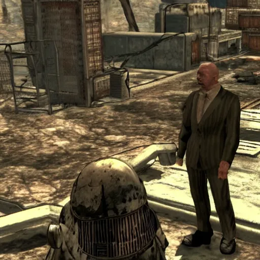 Prompt: Talking to an NPC named Janusz Korwin-Mikke in the game Fallout: New Vegas (2010), screenshot from Fallout: New Vegas (2010)