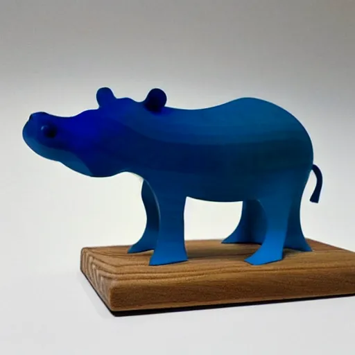 Prompt: a beautiful!!!!! minimalist curvy shaped small sculpture of hippopotamus!!!, ( ( wood ) ) and ( ( blue epoxy ) ), cubic blocks mix stripes cuts, side view profile centered, curves design, minimal, ambient, wood r