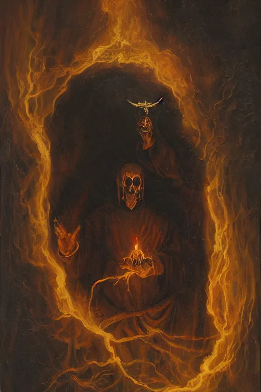 Image similar to portrait of an ominous mysterious horrific omniscient religious figure performing a dark ritual, oil on canvas, romanticism style, ornate, elegant, highly detailed, surrealism, concept art, trending on artstation