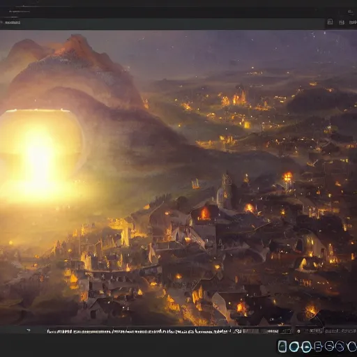 Prompt: aerial view of a medieval town lit by a glowing orb hanging far above the town. by alan lee by peter mohrbacher, trending on artstation sharp focus vfx key shot
