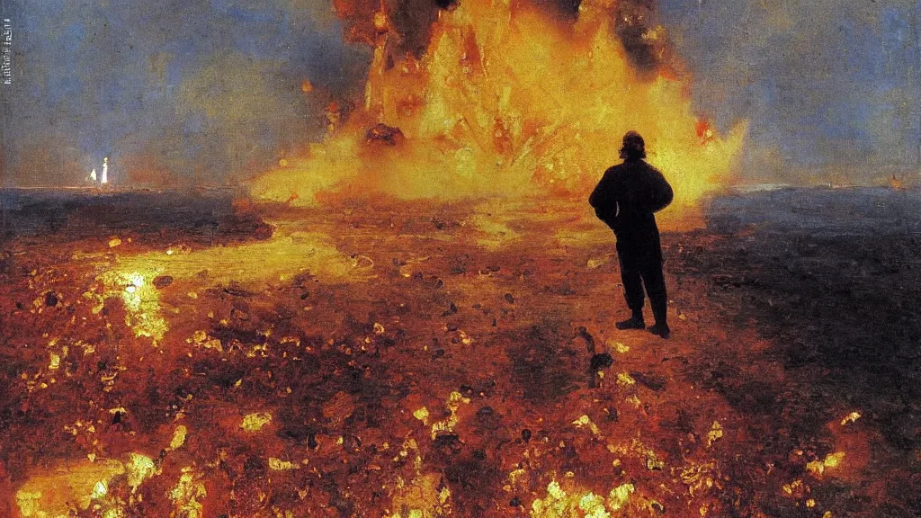 Prompt: high quality high detail painting by ilya repin, man standing in front of huge explosion, epic composition, hd