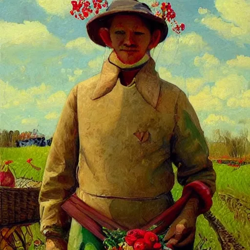 Prompt: a beautiful painting of a russian instagram heart farmer. in his arm he has a basket full of hearts. in style of ilya repin, trending on artstation