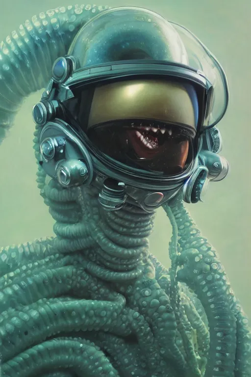 Image similar to extremely detailed studio portrait of female space astronaut, alien tentacle protruding from eyes and mouth, slimy tentacle breaking through helmet visor, shattered visor, full body, soft light, plain studio background, disturbing, shocking realization, deviantart, award winning painting by hajime sorayama