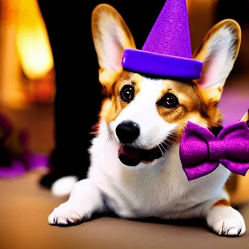 Image similar to a corgi wearing a purple party hat and a red bowtie, cinematic, ultra - hd