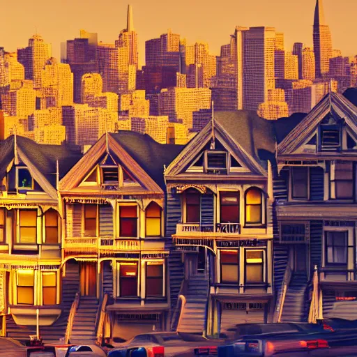 Prompt: a photograph of the painted ladies in san francisco at sunset artstation cyberpunk dreamscape high definition