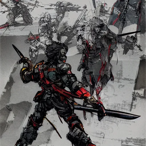 Image similar to hero sitting on a chair holding a sword on his back, looking at a army in the background illustrated by yoji shinkawa, pencil art, extra detail, dynamic, colored, blood, metal swords, clearly drawn, sharp lines