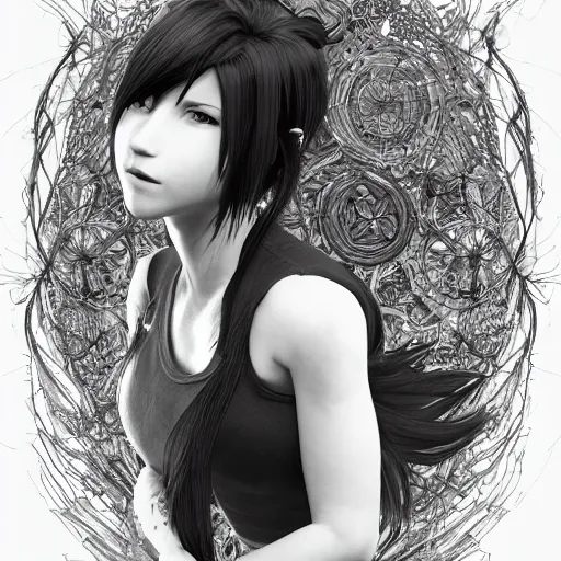 Image similar to a portrait of tifa lockhart beautiful elegant partially made of potatoes roots and violets, an ultrafine detailed illustration by james jean, final fantasy, intricate linework, bright colors, behance contest winner, vanitas, angular, altermodern, unreal engine 5 highly rendered, global illumination, radiant light, detailed and intricate environment