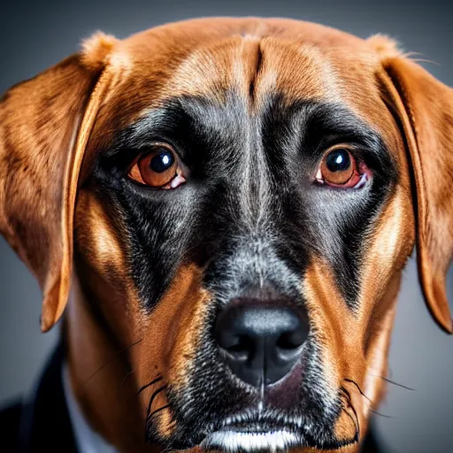 Image similar to high detail shot of a dog wearing a suit, realism 8k