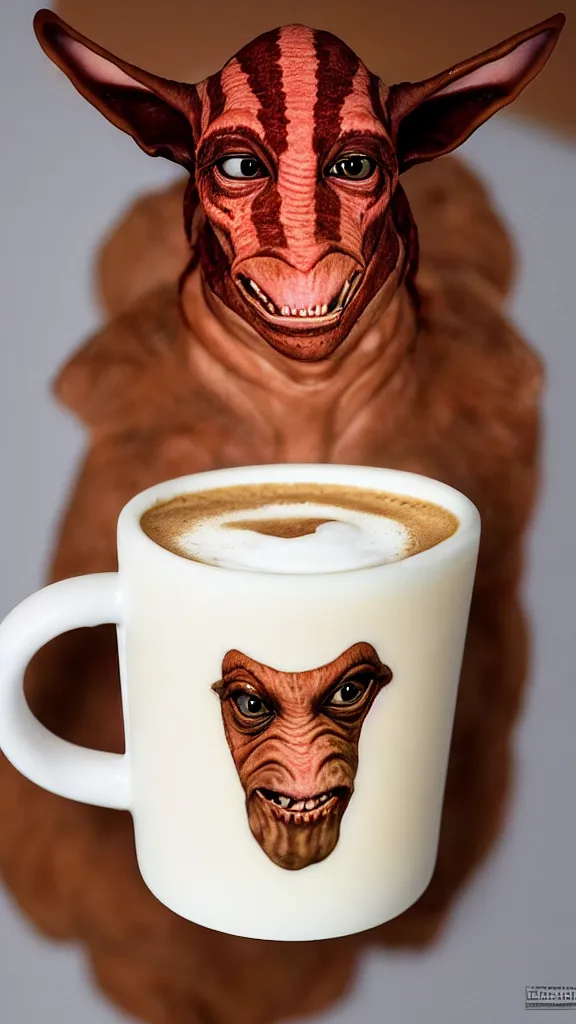 Prompt: a mug of coffee with a milk portrait of jar jar binks in it. style of latte foam art, with a focus on jar jar's floppy ears. color harmony, 8 k detail, gallery quality, hd wallpaper, premium prints available, hyper - detailed, intricate design.