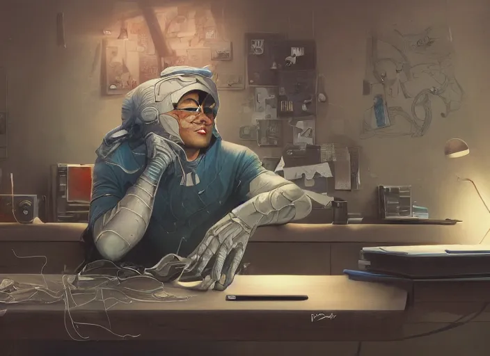 Image similar to an insanely detailed painting of an asian man wearing a homemade superhero costume, sitting at a desk, staring seriously at the computer and typing, in the style of peter mohrbacher, james jean, artgerm, dramatic lighting and composition, surreal background, octane render, pixar, trending on artstation, concept art, comic book, view from behind, 8 k