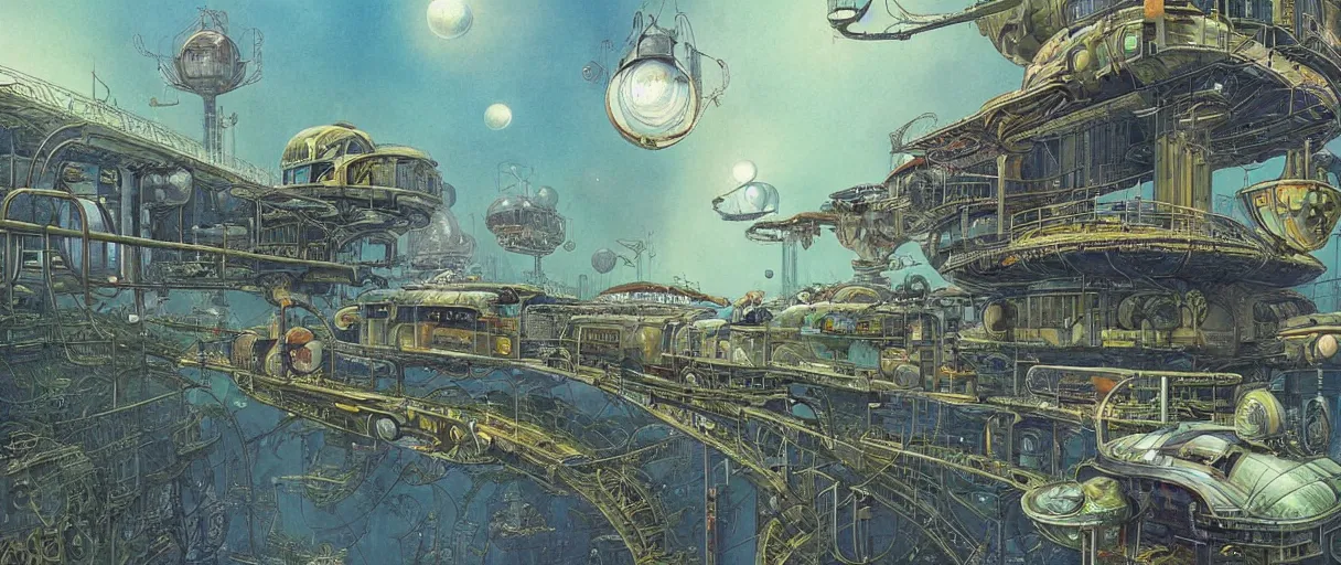 Prompt: A beautiful illustration of a retro futurism elevated railway on another world by Daniel merriam | sparth:.2 | Time white:.3 | Rodney Matthews:.5 | Graphic Novel, Visual Novel, Colored Pencil, Comic Book:.2 | unreal engine:.3