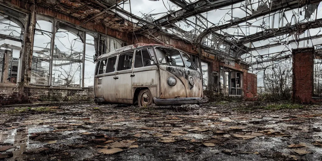 Prompt: an old abandoned factory with a vw campervan rotting, rust, the roof is leaking water and there is a puddle on the floor with reflections