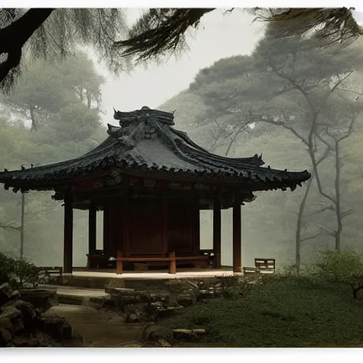 Image similar to small pavilion in the forest, by lang jingshan,