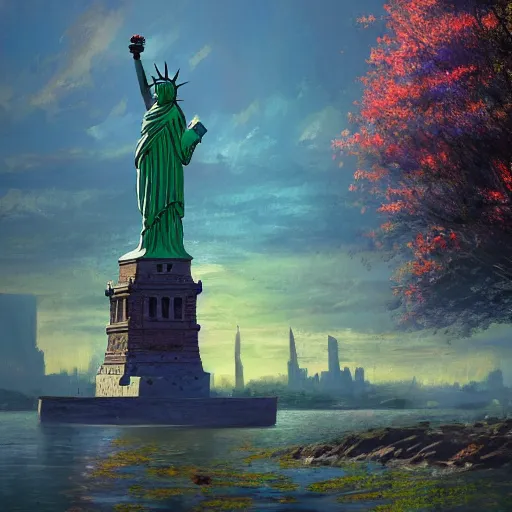 Image similar to a fantasy solarpunk statue of liberty, landscape illustration by greg rutkowski, bright sunlight, sun glints, vivid and colorful trees and plants and flowers, digital art, 8 k, trending on artstation