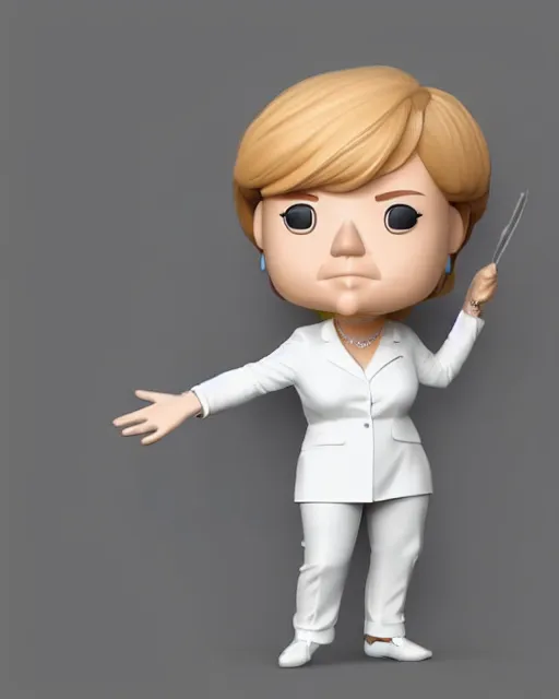 Image similar to full body 3d render of angela merkel as a funko pop, studio lighting, white background, blender, trending on artstation, 8k, highly detailed